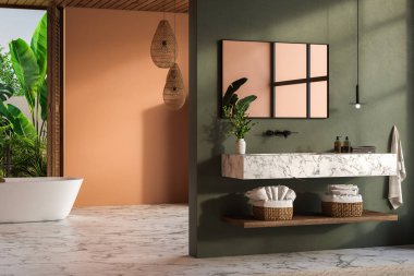 Modern modern stil banyo tropikal stil manzaralı 3D döşeme, mermer zemin ve mermer leğen tezgahı ve siyah çerçeveli ayna ile süslenmiş yeşil ve turuncu duvar var.