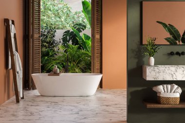 Modern modern stil banyo tropikal stil manzaralı 3D döşeme, mermer zemin ve mermer leğen tezgahı ve siyah çerçeveli ayna ile süslenmiş yeşil ve turuncu duvar var.