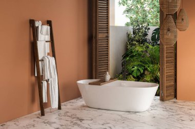 Modern modern stil banyo tropikal stil manzaralı 3D döşeme, mermer zemin ve mermer leğen tezgahı ve siyah çerçeveli ayna ile süslenmiş yeşil ve turuncu duvar var.