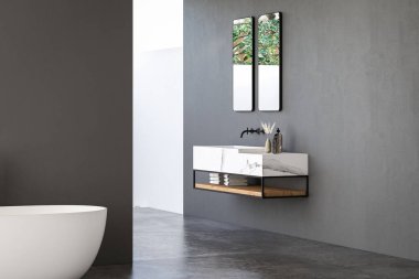 Karanlık duvarlı modern banyo, çift aynalı mermer leğen, küvet, açık hava duşu ve gri beton zemin. Modern mobilyalı minimalist siyah banyo. 3B görüntüleme
