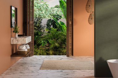 Modern modern stil banyo tropikal stil manzaralı 3D döşeme, mermer zemin ve mermer leğen tezgahı ve siyah çerçeveli ayna ile süslenmiş yeşil ve turuncu duvar var.