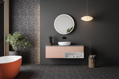 Modern minimalist banyo, modern pembe banyo dolabı, beyaz lavabo, ahşap kibir.