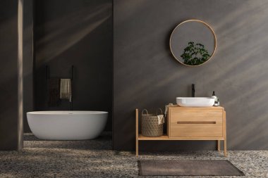 Siyah minimalist banyo içi ahşap kibir, küvet, terrazzo zemin.