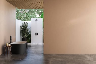 Bej duvarları, küveti ve gri beton zemini olan modern banyo. Minimalist bej banyo ve modern mobilyalar. 3B görüntüleme