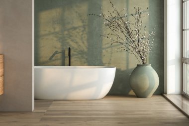 Toprak tonlu ve yeşil renkli duvarları olan modern banyo döşemesi, çift lavabo, küvet, bitki örtüsü..