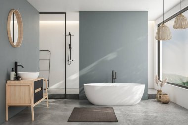 Modern minimalist banyo, modern banyo dolabı, beyaz lavabo, ahşap kibir, iç tesisler, banyo aksesuarları, küvet ve duş, beyaz ve mavi duvarlar, beton zemin.