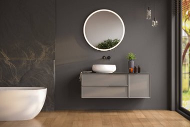Modern banyo içi beyaz küvet ve şık gösteriş, siyah duvarlar, parke zemin.
