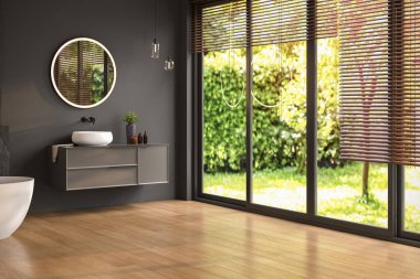 Modern banyo içi beyaz küvet ve şık gösteriş, siyah duvarlar, parke zemin.