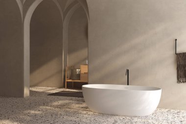 Modern banyoda küvetli banyo.