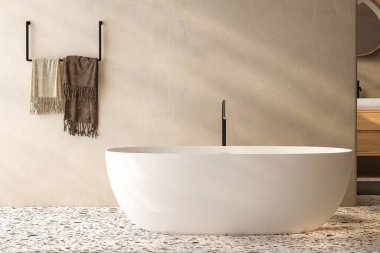 Terrazzo zemininde şık beyaz bir küvet, parlak banyoda arka musluk, bej ve beyaz duvar arkası. 3d Hazırlama