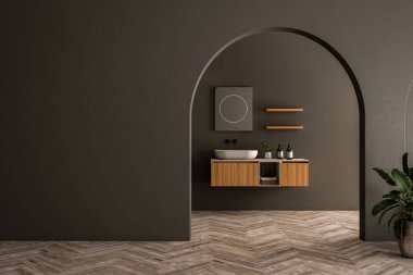 Modern banyo içi ahşap kibir, küvet, parke zemin, siyah duvarlar, kemerler, bitkiler