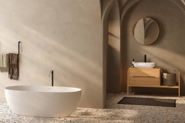 Banyo içi, ahşap döşemeli küvet ve küvet. 3d oluşturma