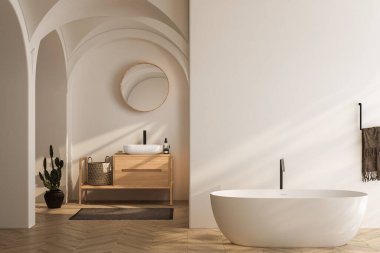 Parlak banyo içi ahşap kibir, küvet, parke zemin