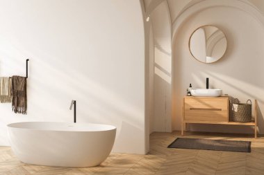 Parlak banyo içi ahşap kibir, küvet, parke zemin.