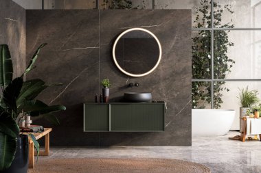 Modern lüks banyo, mermer duvarlar, küvet, gri zemin, kapalı yer bitkileri, panorama.