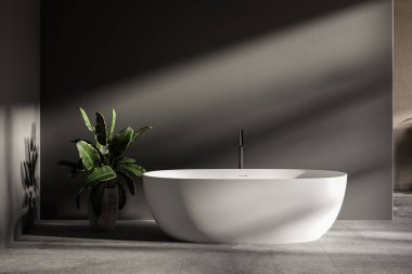 Minimalist banyo içi, beton zemin ve gri ve bej duvarlar, banyo dolabı, küvet.