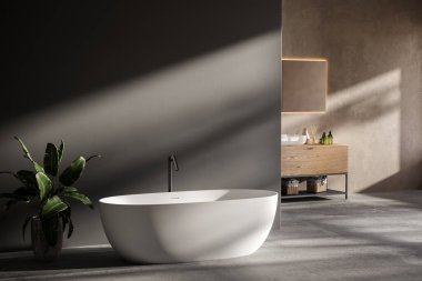 Minimalist banyo içi, beton zemin ve gri ve bej duvarlar, banyo dolabı, küvet.