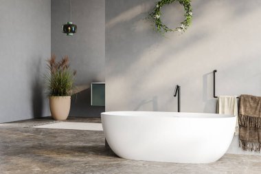 Üç boyutlu modern banyo, gri duvarlar, beyaz küvet, yeşil kibir, siyah ayna, lavabo, terrazzo zemin ve pencereden deniz manzarası.