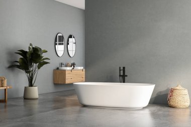 Çift lavabolu ve aynalı modern banyo, küvet, bitkiler. Otel stüdyosunda banyo aksesuarları ve pencere..