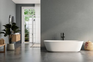 Çift lavabolu ve aynalı modern banyo, küvet, bitkiler. Otel stüdyosunda banyo aksesuarları ve pencere..