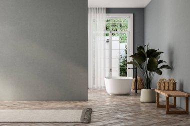 Çift lavabolu ve aynalı modern banyo, küvet, bitkiler. Otel stüdyosunda banyo aksesuarları ve pencere..