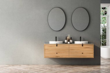 Çift lavabolu ve aynalı modern banyo, küvet, bitkiler. Otel stüdyosunda banyo aksesuarları ve pencere..
