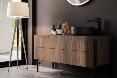 Siyah duvarlı modern banyo, oval aynalı siyah lavabo, küvet, gri beton zemin. Modern mobilyalı minimalist banyo.