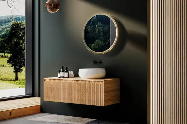 Modern bathroom interior with parquet and concrete floor, white sink, round mirror, white bathtub, interior plants, green wall. Minimalist bathroom with modern furniture, forest view. 3D rendering