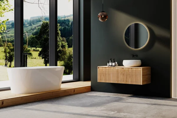 Modern bathroom interior with parquet and concrete floor, white sink, round mirror, white bathtub, interior plants, green wall. Minimalist bathroom with modern furniture, forest view. 3D rendering