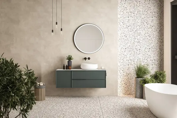 Modern minimalist banyo, yeşil banyo dolabı, beyaz lavabo, ahşap kibir, iç tesisler, banyo aksesuarları, beyaz küvet, beton duvar, terrazzo döşeme 3D döşeme.