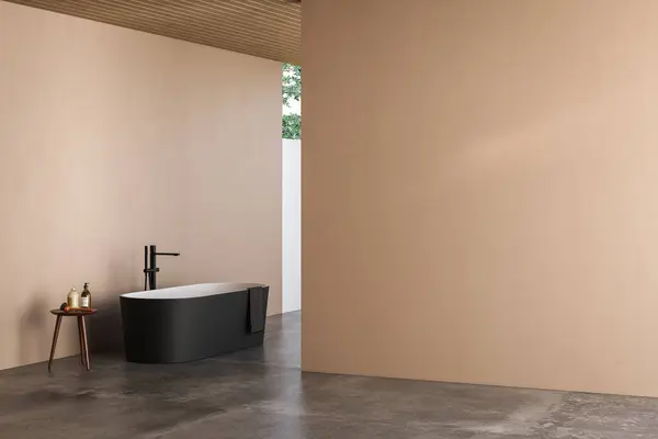Modern bathroom interior with beige walls, bathtub and grey concrete floor. Minimalist beige bathroom with modern furniture. 3D rendering