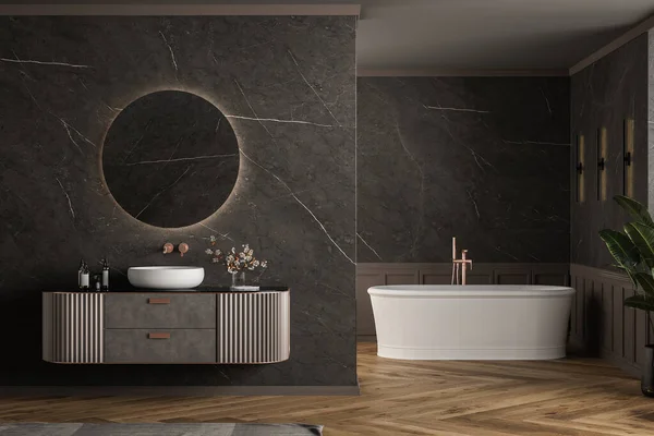 Modern luxury bathroom, dark marble background walls, bathtub, indoor plants side view. Mock up.