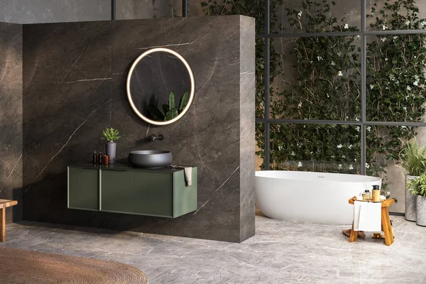 Modern luxury bathroom, marble walls, bathtub, gray floor, indoor plants, panorama.