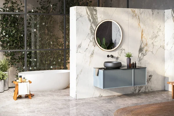 Modern luxury bathroom, white marble walls, bathtub, gray floor, indoor plants, panorama.