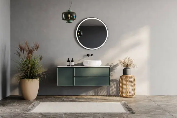 Üç boyutlu modern banyo, gri duvarlar, beyaz küvet, yeşil kibir, siyah ayna, lavabo, terrazzo zemin ve pencereden deniz manzarası.