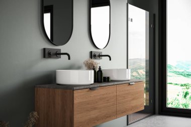 Beyaz çift lavabolu şık banyo düzeneği, sabun makineleri, musluk, ayna, yeşil duvar arka planı. Ürünlerinizi şık ve modern bir ortamda sergilemek için ideal. Model yap. 3d oluşturma