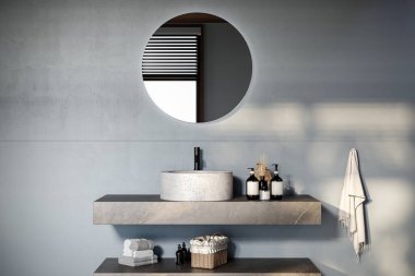 Sabun makineleri, havlular, bitki örtüsü, siyah çerçeveli ayna, kolye ışığı ve mavi duvarlı modern banyo düzeneği, kapatın. Ürünlerinizi şık mermer bir leğende sergilemek için ideal. 3d oluşturma