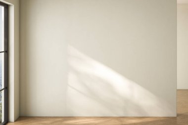 Dairenin modern iç tasarımı, beyaz duvarlı boş bir oturma odası.