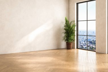 Dairenin modern iç tasarımı, bej duvarlı boş oturma odası, panorama. 3d oluşturma