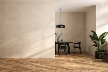 Dairenin modern iç tasarımı, masa ve sandalyeli yemek odası, bej duvarlı boş oturma odası, panorama.