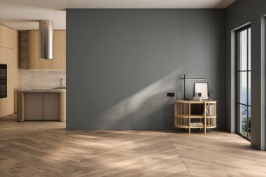 Boş oturma odası ve mavi tonları olan mutfak.