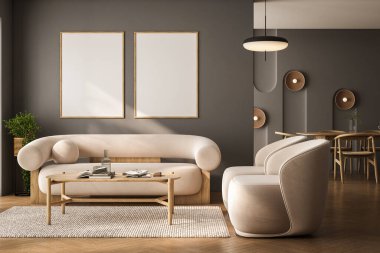 Kanepe ve koltuklu modern oturma odası kitaplar ve dekorasyonlu kahve masası, ahşap zeminde halı, sandalyeli yemek masası, sahte posterler. Model Kopyalama Boşluk Duvarı, 3B oluşturma