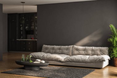 Modern iç tasarım, mutfak ve aydınlık, rahat bir kanepesi, çiçekleri, zarif aksesuarları, siyah duvarları, parke zemini olan geniş bir oda. 3d oluşturma