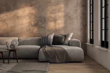 Sıcak renklerde lüks bir oturma odası. Kahverengi bej duvarlar, açık gri salon mobilya koltuğu, masa. Sanat veya resim için boş arkaplan.