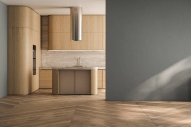 Boş oturma odası ve mavi tonları olan mutfak.