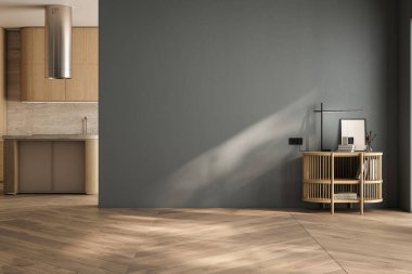 Boş oturma odası ve mavi tonları olan mutfak.