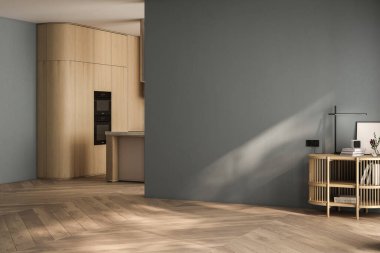 Boş oturma odası ve mavi tonları olan mutfak.