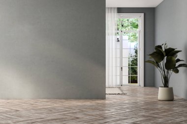 Gri tonlu, duvarlı, pencereli ve bahçeli boş oturma odası.