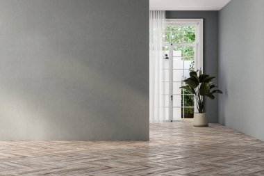 Gri tonlu, duvarlı, pencereli ve bahçeli boş oturma odası.