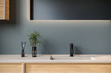 Oval lavabosu olan şık bir banyo, boş tezgah, ahşap kibir, siyah çerçeveli ayna, çiçek ve mavi duvar. Ürünlerinizi şık ve modern bir ortamda sergilemek için ideal..